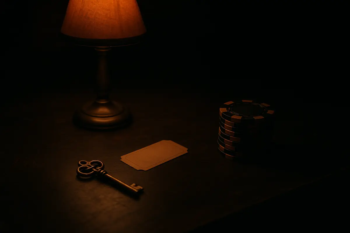 Dark desk lit by an orange lamp with a key and chips